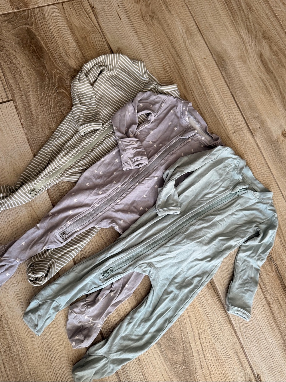 WildBird Kids Footie One-Pieces in Sage, Mauve, and Stripe